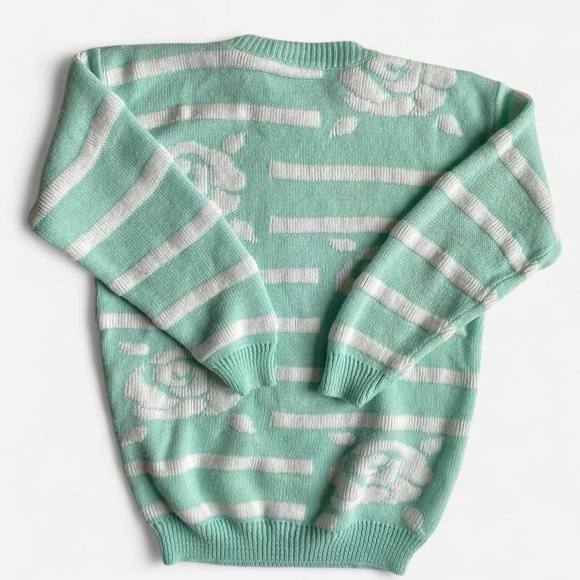 Vintage 80s pastel mint floral striped sweater - Picture 2 of 8